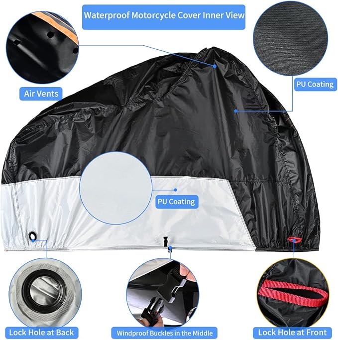 Motorcycle Cover, Coverado Motorcycle Covers Waterproof Outdoor Storage with Lockholes and Night Reflector, All Weather Waterproof Sun Protection Outdoor Scooter Cover Universal Fit Up to 93" Motors
