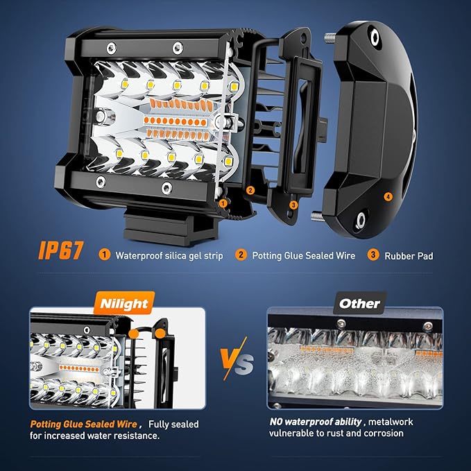 Nilight 2PCS 4Inch 60W LED Pods Spot Flood Amber White Light Bar Strobe 6 Modes Memory Function Off-Road Truck Car ATV SUV Cabin Boat with 16AWG Wiring Harness Kit-2 Lead, 2 Years Warranty