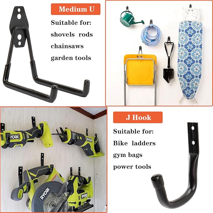 TocTen Garage Hooks, 14 Pack Garage Storage Hook Heavy Duty Solid Steel Wall Hooks, Wall Mount Storage Hook Kit with Anti-Slip Coating Ladder Hooks for Hanging Garden Tools Chair Hose Ropes (Black)