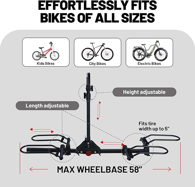 Young 200 lbs. 2 Bike Rack Hitch Mount Platform Style for Cars Trucks SUVs Minivans, fits MTB Gravel Road Bike with Up to 5-inch Fat Tire Carrier Rack - 2" Hitch Receiver