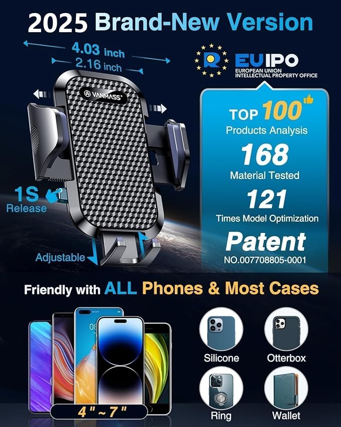 [2025 True Military-Grade] Car Phone Holder VANMASS [Upgraded Strongest Suction & Clip] Cell Phone Mount for Dashboard Windshield Vent,Truck Cradle Stand for iPhone 16 Pro Max 15 14 13 Samsung Android