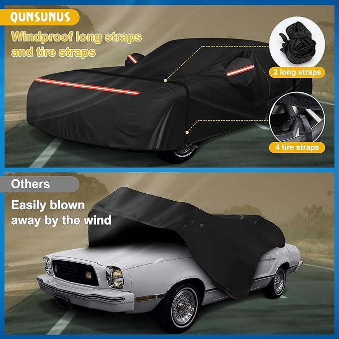 QUNSUNUS Waterproof Car Cover for Ford Mustang 1974-1978, Outdoor Car Covers with Zipper, All Weather Full Exterior Cover with Straps and Elastic Edges for Wind, Sun, UV and Dust Protection