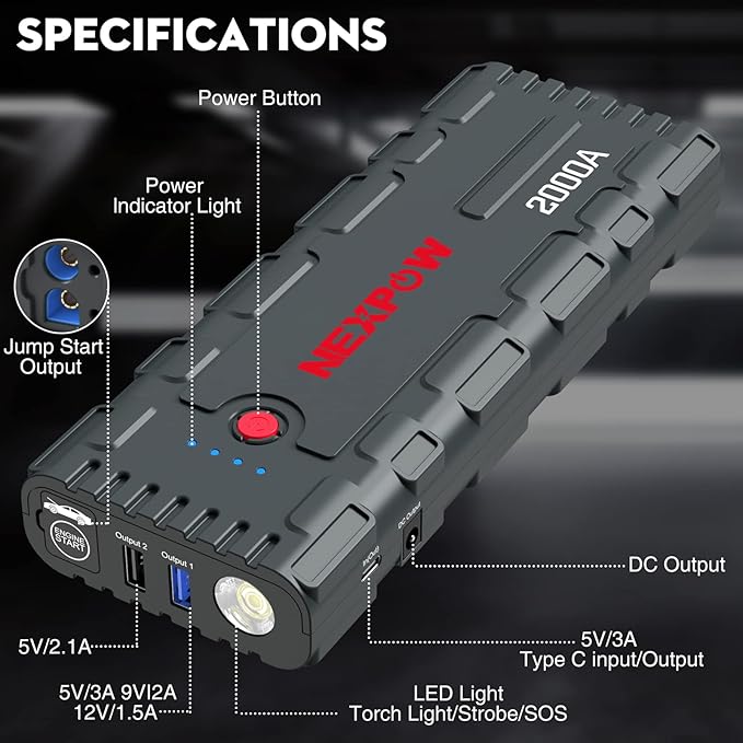 NEXPOW 2000A Peak Car Jump Starter with USB Quick Charge 3.0 (Up to 7.0L Gas or 6.5L Diesel Engine), 12V Portable Jump Box, Battery Booster with Built-in LED Light