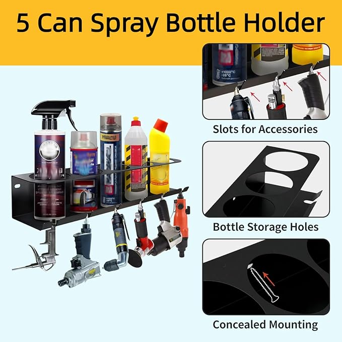 4 Pack Aerosol Spray Can Holder Rack, Wall Mounted Spray Bottle Holder Heavy Duty Steel Air Tool Organizer 5 Cans Spray Paint Can Storage with 24 Slots for Garages Workspace or Tool Trailer, Black