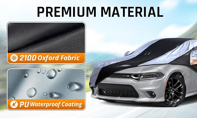 Dodge Charger Car Cover Waterproof All Weather with Silver Strip Design, Custom Fit for Dodge Charger 2006–2023, Charger Accessory with Door Zipper & Windproof Straps
