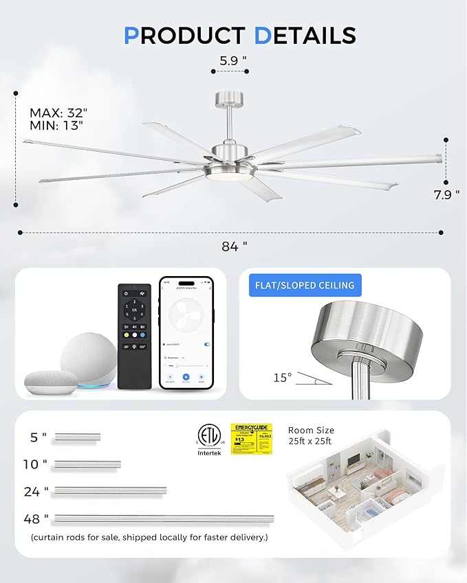 84 Inch Industrial Ceiling Fans with Lights and Remote,Extra Large Indoor/Outdoor Ceiling Fan with 8 Aluminium Metal Blades,Brushed Nickel Ceiling Fan,CF04BN-84