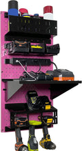 Wall Control Power Tool Storage Organizer Kit Cordless Drill Holder Charging Station Rack 16” x 32” Metal Pegboard Organization System (Pink Pegboard)