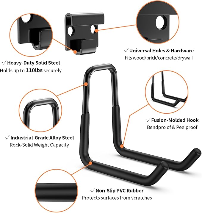 GPANDAG 2 Pack Heavy Duty Garage Storage Hooks(110LB) - Anti-Slip Coating Wall Mount for Bike, Ladder, Garden Tools & Hose