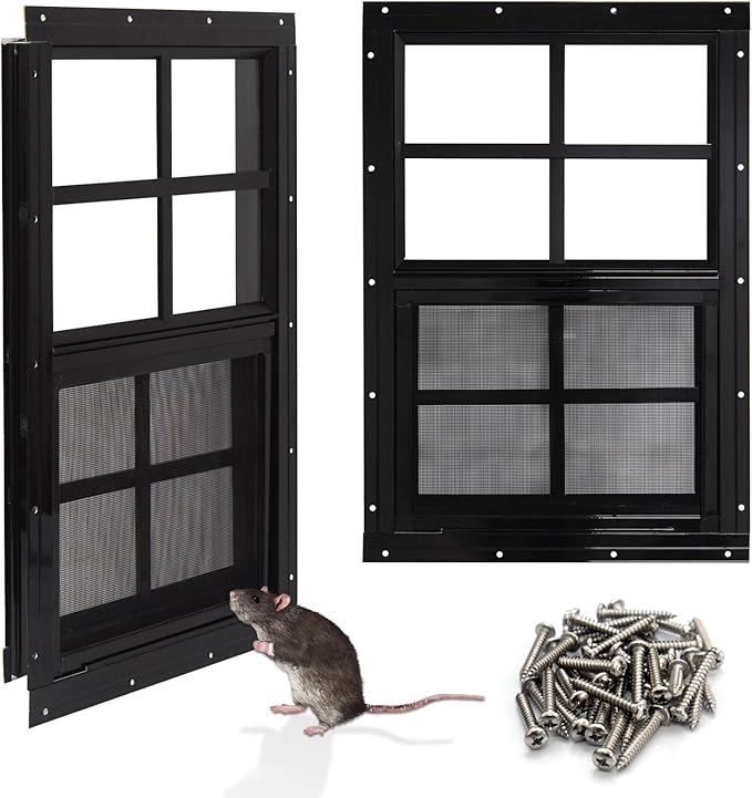 NeatiEase Upgraded Shed Windows 2 Pack, 18" x 27" Windows with Tempered Glass and Stainless Steel Screen for Shed, Chicken Coop, Playhouse, Household, Garage(Black)