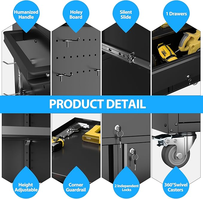 Metal Garage Storage Cabinet with Wheels and Pegboard, 35.4" H Lockable Tool Storage Cabinet with One Drawer, Adjustable Shelf and 4 Hooks for Garage, Warehouse, Black