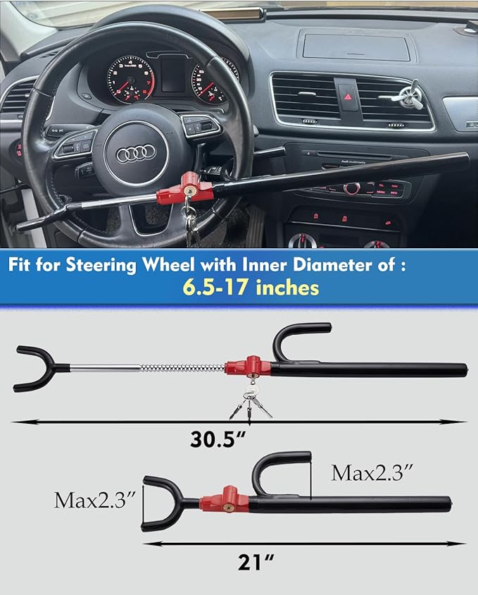 Steering Wheel Lock Anti-Theft car Device Car Wheel Locks Heavy Duty Vehicle Security Steering Wheel Lock for Truck Car Vehicles Van Lorry SUV with 4 Keys, Elongated Length BlackRed