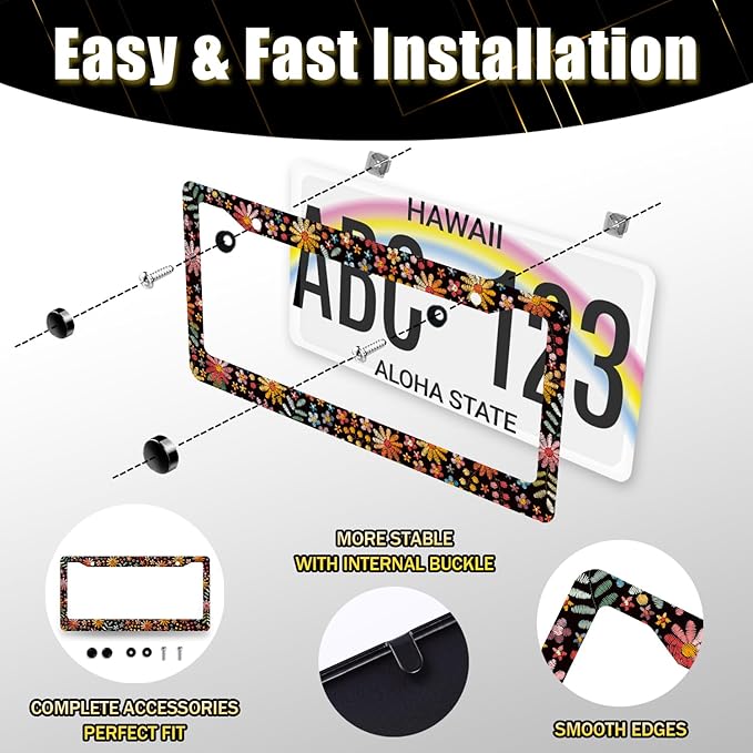 Beautiful Flowers License Plate Frame Colorful Floral License Plate Holder Stainless Steel Flower Colorful Car Accessories Decoration 6.3"X12.3" with 2 Holes Screws