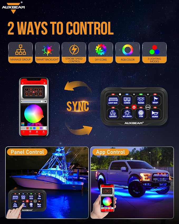 Auxbeam 8 Gang Switch Panel Bluetooth AR-800 RGB Switch Pod with Backlit Off Toggle Momentary Pulsed Auxiliary Switch Panel for Truck SUV ATV Marine RV Multifunction 12-24V Waterproof 2 Years Warranty