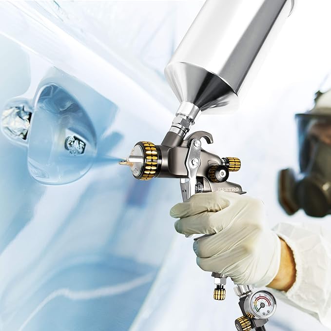 BEETRO HVLP Air Spray Gun, 1000ml Capacity 14.3CFM 29-32psi 1.4mm/1.8mm Nozzles Stainless Steel with Type 2 Adapter Air Control Valve and Filter Professional Gravity Feed Sprayer Automotive