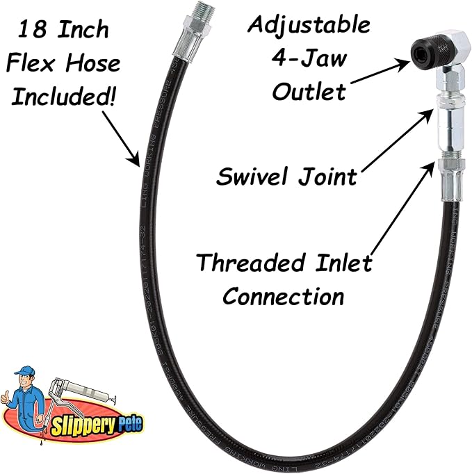 Slippery Pete 90 Degree Grease Gun Coupler - 18 Inch Flex Hose, Threaded Connection, Swivel Head, Grease Gun Fittings Compatible, 31mm Length Head for DIY Mechanics, Garage and Auto Mechanics