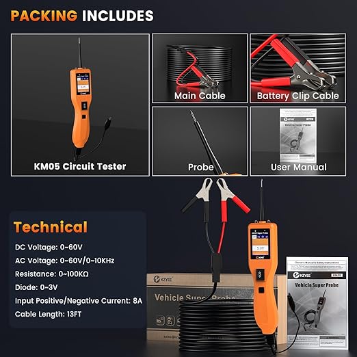 KZYEE KM05 Power Circuit Probe Tester – 12V/24V Automotive Electrical Tester for AC/DC Voltage, Continuity, Resistance, Diode, Relay Test, Component Activation & Shorts Detection, Current Probe Kit