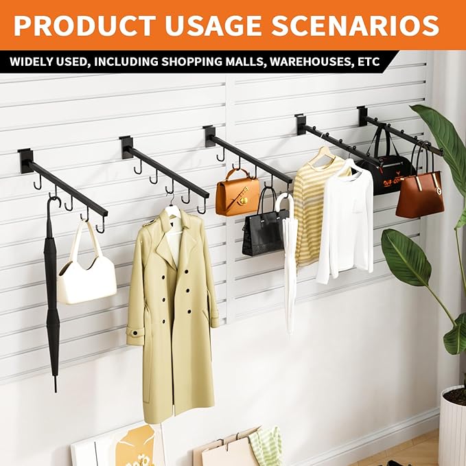 10-Pack 17-Inch Slatwall Waterfall Display Hooks with 5 J-Hooks – Black Slanted Arm Rack for Hanging Apparel, Bags & Accessories