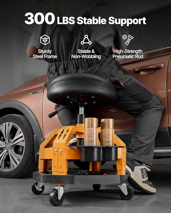 VEVOR Garage Stool, Rolling Mechanic Stool with Dual Storage Trays, Pneumatic Height 23.6–29.5 in, Soft Waterproof Cushion, 360° Swivel Casters for Garage, Shop & Auto Repair