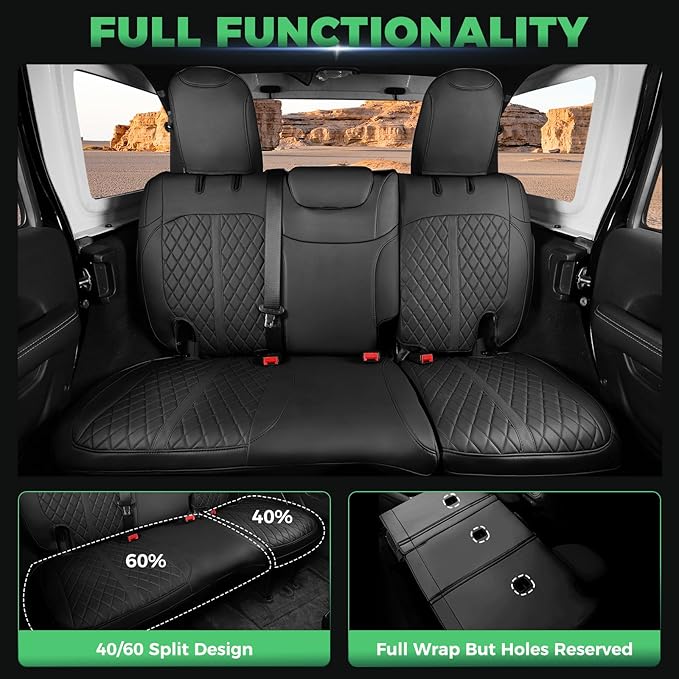 for Jeep Wrangler Seat Covers 4Door JL 2018 2019 2020 2021 2022 2023 2024 2025, Custom Fit Car Seat Cover Full Set, Luxury Waterproof Leather Seat Protectors, Black, W/O Rear Cup Holder
