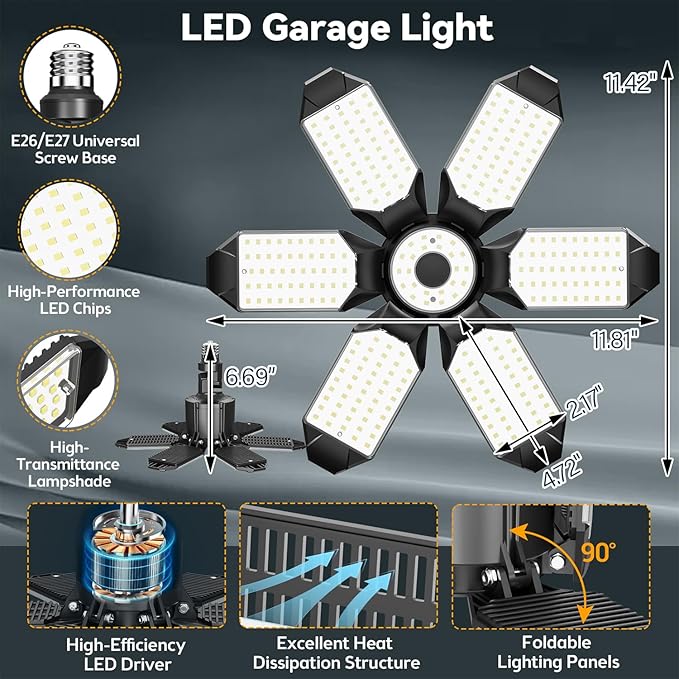 LED Garage Light Super Bright 15000LM LED Shop Lights 6500K Garage Lighting, 360° & 180°Adjustable Basement Lights with 6 Deformable Panels Screw in E26/E27 Socket for Workshop Storage Barn Attic