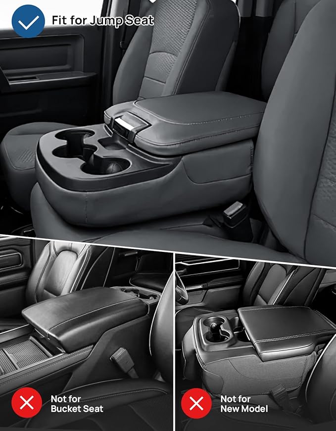 JOYTUTUS Center Console Cover Compatible with 2013-2018 Ram 1500 & 2013-2025 Ram 2500/3500/1500 Classic Model Jump Seat, Leather Arm Rest Armrest Cover for Car, Middle Console Cover Lid, with 2 Pocket