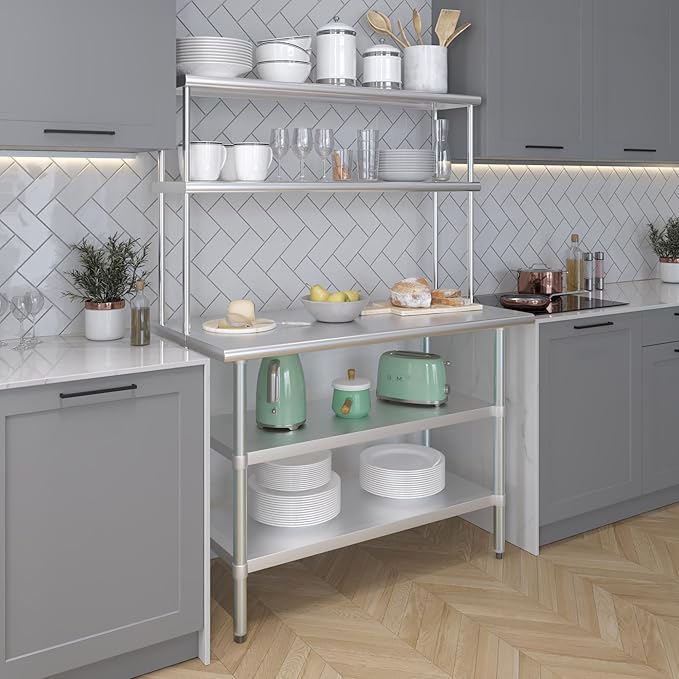 Amgood Stainless Steel Work Table with 2 Shelves | Metal Kitchen Prep Table & Shelving Combo (24" x 48" Table with 2 Shelves + 12" Overshelf)