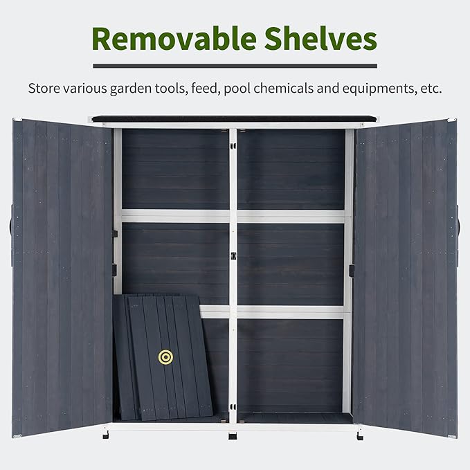 MCombo Outdoor Storage Cabinet with Shelves, Wood Garden Shed with Floor, Outside Tool Shed with 2 Lockable Doors for Backyard Patio Lawn, 1400 (Gray)