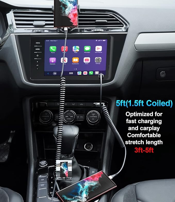 USB Type C Cable Fast Charging, 2Pack 5ft Coiled USB A to USB C Charge Cable for Car Android Auto Charging Cord Compatible with iPhone 16/15/Plus/Pro/Samsung Galaxy S20 S10 Plus and More USB C Devices