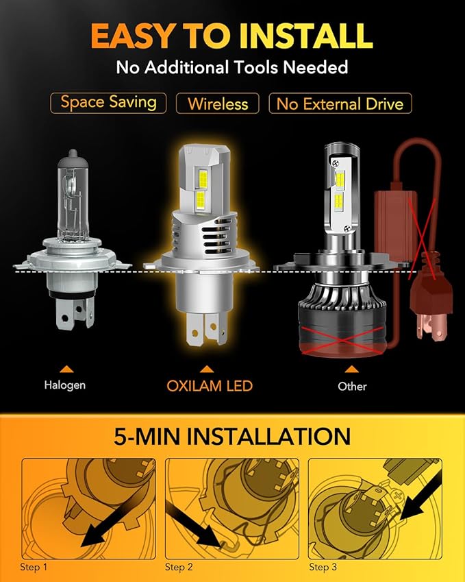 OXILAM HB2 9003 H4 LED Bulbs, 900% Ultra Bright, 40000LM, No Polarity, Plug-N-Play, 70,000 Hours Lifespan, Flicker-Free, 2 Pack