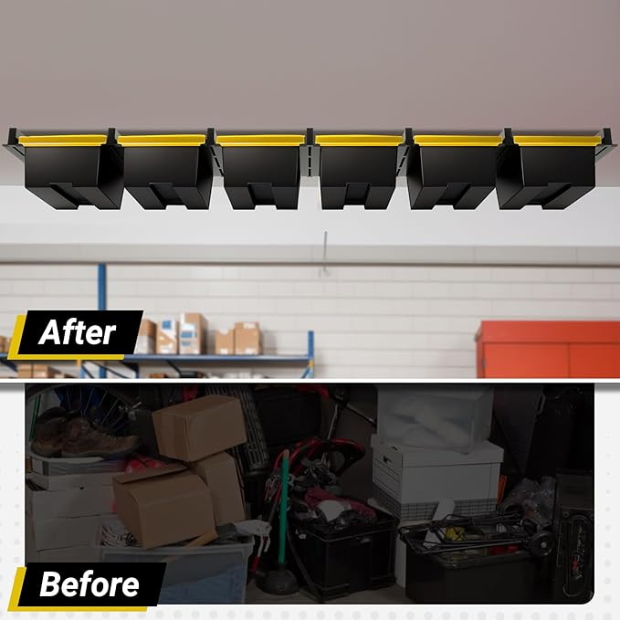 6-bin Overhead Garage Storage Rack, Ceiling Storage Racks Heavy Duty, Powder Coated Tote Storage Rack for Garages, Sheds, Storerooms (7 PCS, for 6 Bins)
