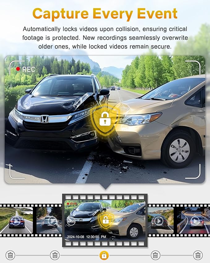 GKU 4K Dash Cam,Dash Cam Front with UHD 2160P, DashCam Built-in WiFi, 24H Parking Monitor,Night Vision,WDR,170° Wide Angle,Loop Recording,G-Sensor,DashCam Includes 64GB Card (Black)