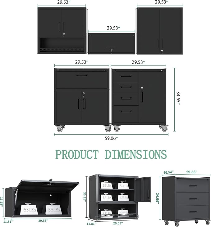 Metal Tool Cabinet,Garage Storage Cabinet System,Wall Cabinet & Locking Rolling Tool Cabinet with Doors and Adjustable Shelves,Steel Tool Cabinets for Home,Office (5 Pcs-StyleC, Black)