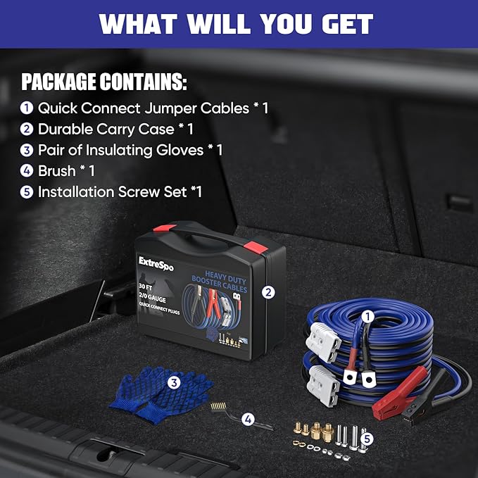 2/0 Gauge 30 FT Heavy Duty Jumper Cables, 1500Amp Quick Connect Booster Cables for 12V & 24V Cars, SUVs and Trucks, Kit with Carry Case, Gloves, Brushes