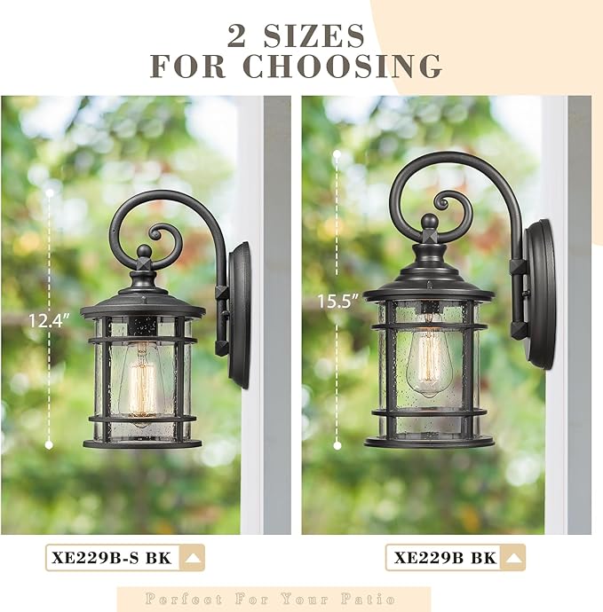 Emliviar Outdoor Wall Light Fixture - Modern Exterior Wall Sconce for House with Seeded Glass Shade, 12.5 Inch Height, Black Finish, XE229B-S BK