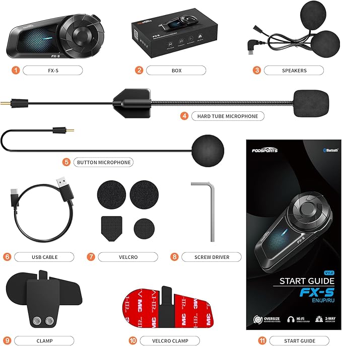 Fodsports FX-S Motorcycle Bluetooth Headset V5.4, 2-Way Helmet Intercom Communication System with IP67 Waterproof, CVC Noise Cancellation, Hands-Free Music/Call, 2 Type Mics, Black, 1 Pack