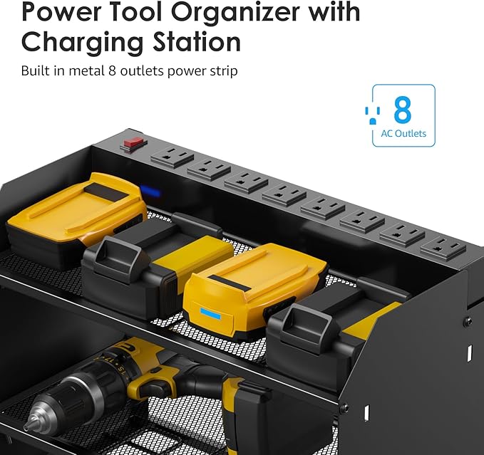 CCCEI Modular Power Tool Organizer Wall Mount Charging Station, Black 6 Drills Holder with 8 Plug Power Strip 10FT, Garage Drill Battery Heavy Duty Metal Shelf, Utility Rack with Hooks, Side Storage.