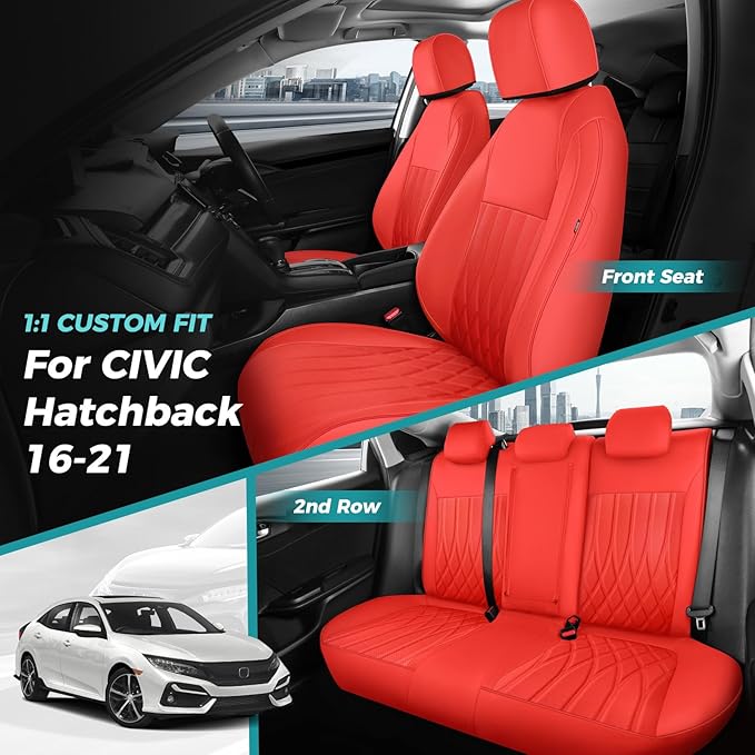 Seat Covers for Honda Civic Hatchback EX, Sport Touring, EXL 2016 2017 2018 2019 2020 2021, Faux Leather Car Seats Cover Full Set(Rear Row 40/60 Split & Folding Backrest)-RED