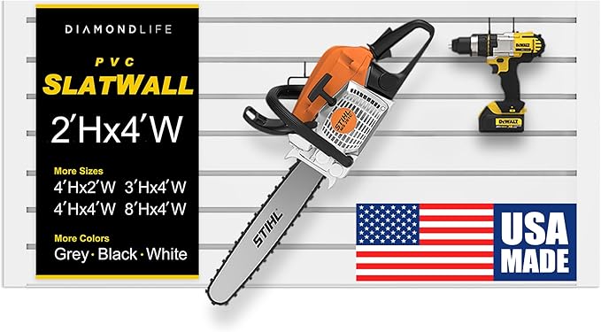 2'H x 4'W Slatwall Panel Garage Wall Organizer: Heavy Duty Wall Mounted PVC Wall Rack, Interlocking Slat Wall Paneling for Garage Wall Storage, Slatwall Board or Slatwall Shelves System - White