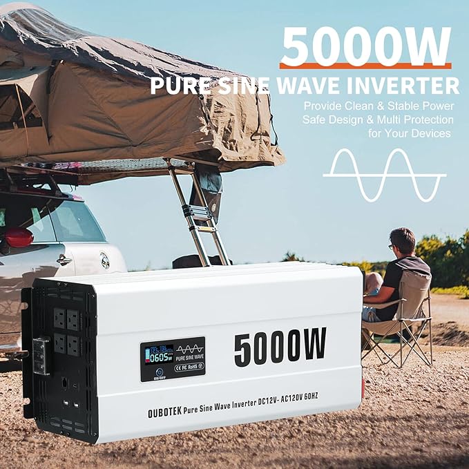 5000 Watts Power Inverter Peak 10KW, Pure Sine Wave 12V DC to 120V AC Off Grid Solar Inverter with Wireless Remote Control LCD Display 4 AC Outlets Hardwire Terminal for Home RV Camping