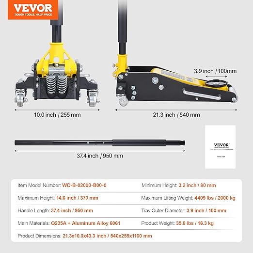 VEVOR Low Profile Floor Jack 2 Ton (4400 lbs), Heavy Duty Aluminum Hydraulic Racing Floor Jack, Hydraulic Car Jack, Dual Piston Quick Lift Pump, 3.2"-14.6" Height Lifting Range (Yellow)