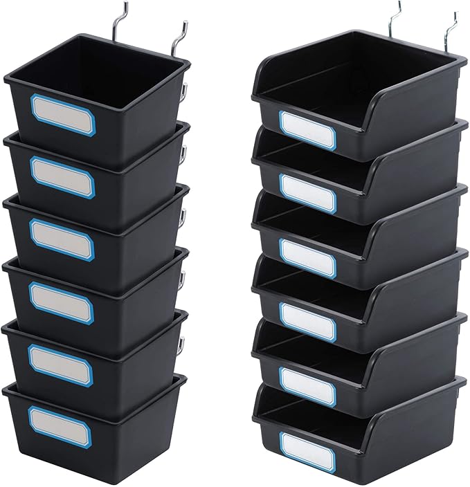 FRIMOONY Pegboard Bins with Hooks and Labels, for Organizing Accessories, 6 Pack Type A and 6 Pack Type B, Black