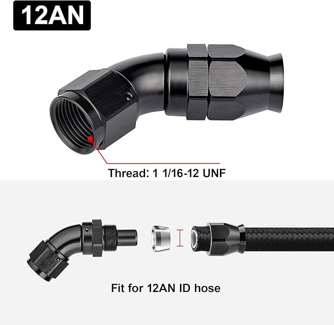 EVIL ENERGY 12AN 45 Degree PTFE One Piece Full Flow End Hose Fitting Aluminum Black