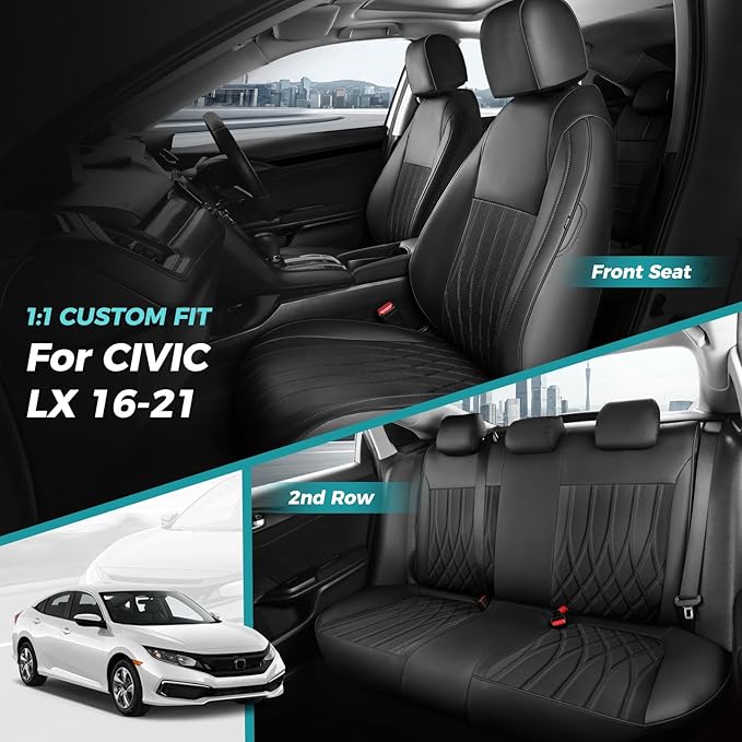 Seat Covers for Honda Civic Sedan LX 2016 2017 2018 2019 2020 2021, Faux Leather Car Seats Cover Full Set (Rear Row Solid & No Folding Backrest)-Black