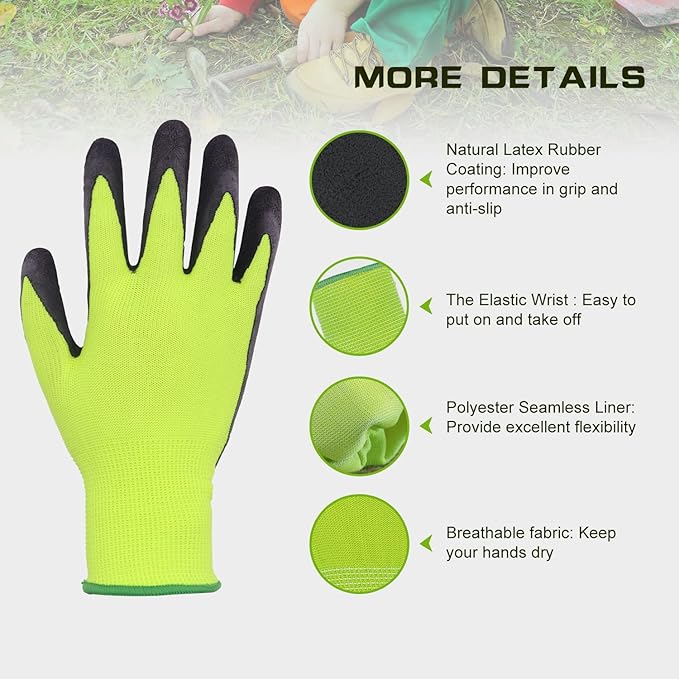 HANDLANDY 3 Pairs Kids Gardening Gloves Latex Free, Nitrile Coated Children Toddler Garden Yard Work Gloves for Little Girls Boys (Size S, Black-Green)