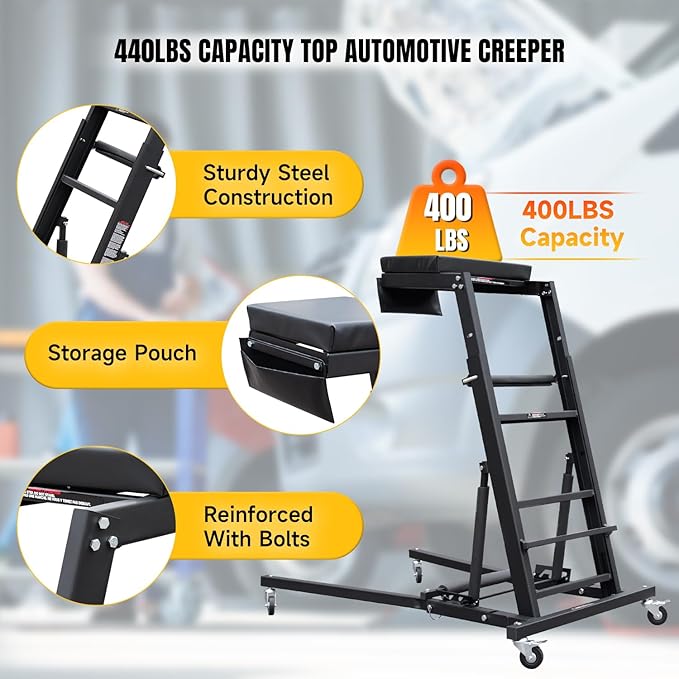 Adjustable Topside Creeper Automotive Engine Creeper 47''-65'', 440 LBS Capacity, 4 Swivel Caster Wheels (2 with Brakes), Padded Deck for Home Garage, Workshop Repair Maintenance