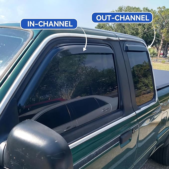 in-Channel Window Visors Rain Guards Shield for 1999-2011 Ford Ranger SuperCab, Window Vent Wind Deflectors Visors Shades for 1999-2008 Mazda B3000, 1999-2010 Mazda B4000 Extended Cab