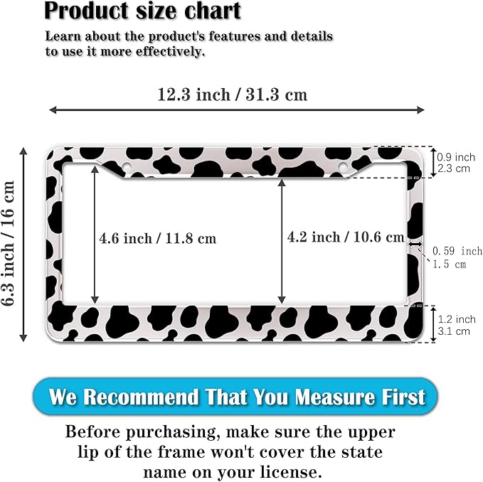 License Plate Frames Black and White License Plate Frame Animal Cow Print White Black Spot Design Universal Aluminum Car Accessory 2 Pack with Screw Covers Set
