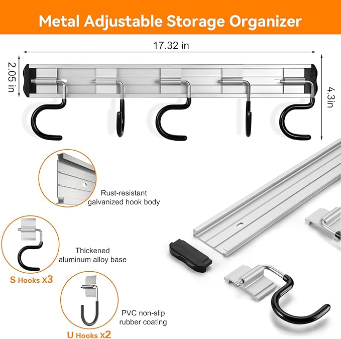 34.5'' Aluminum Alloy Garage Tool Organizer Hooks,Broom Holder Wall Mount, Adjustable Garden Wall Mount Holder for Hanging Shovel Broom Rake Bulk Items and More