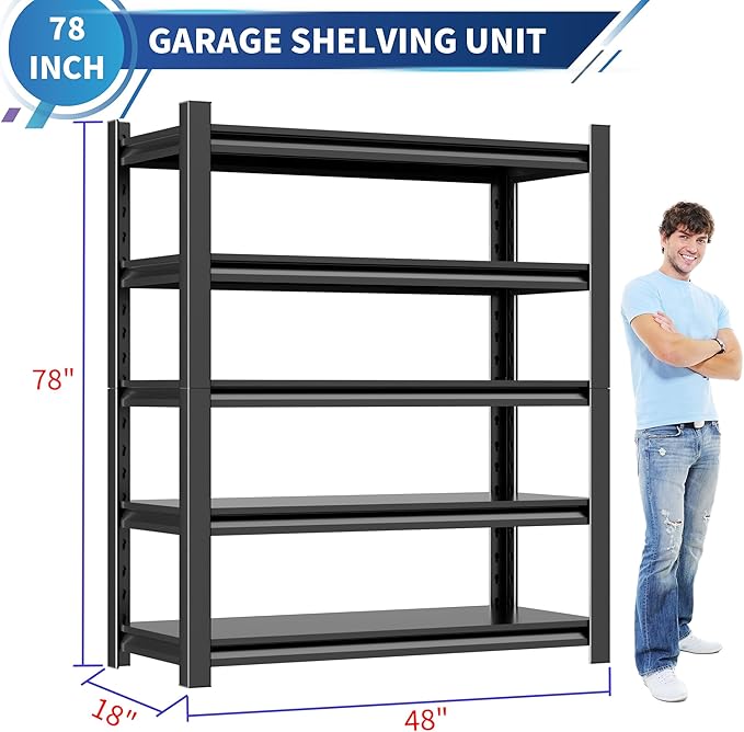 Metal Garage Shelving Unit,78"H Heavy Duty 5-Tier Adjustable Storage Rack,18"D x 48"W x 78"H Steel Shelving,3000 lbs Industrial Shelves for Heavy Tools and Equipment,Ideal for Garage, Basement,Black