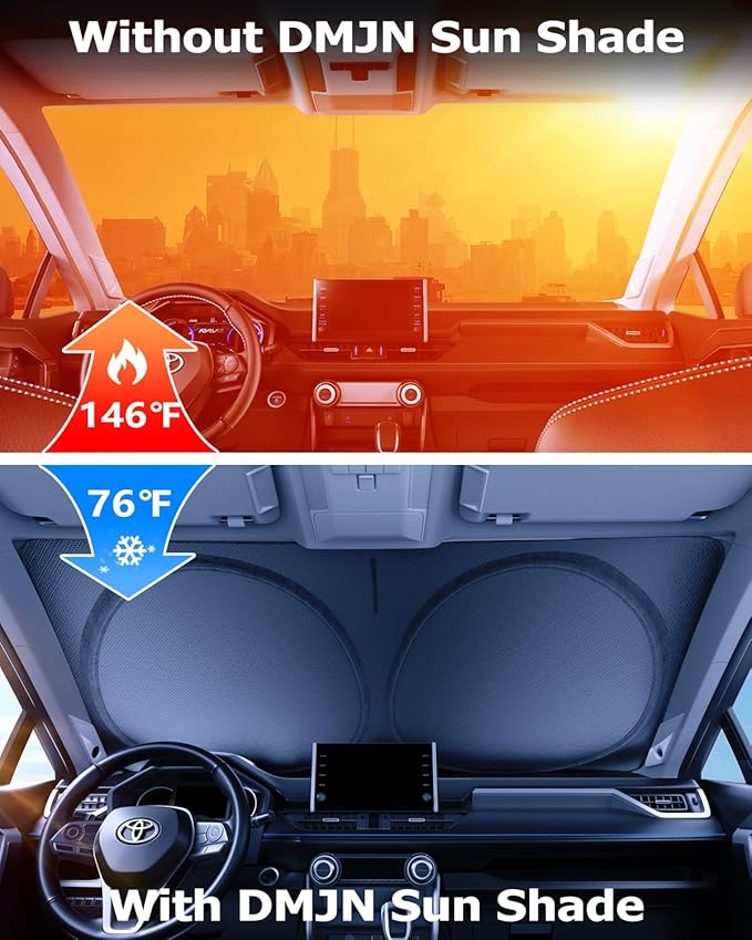 [2025 Upgrade] DMJN Windshield Sun Shade Car, [100% Sun Bolck & UV Reflective] Keep Car Cool & Interior Protection Sunshade, Flexible & Durable Sun Visor Universal Fit Medium